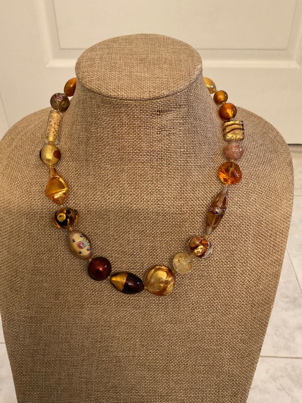 Murano Brown & Gold GLASS Beads 17” Necklace made in Italy